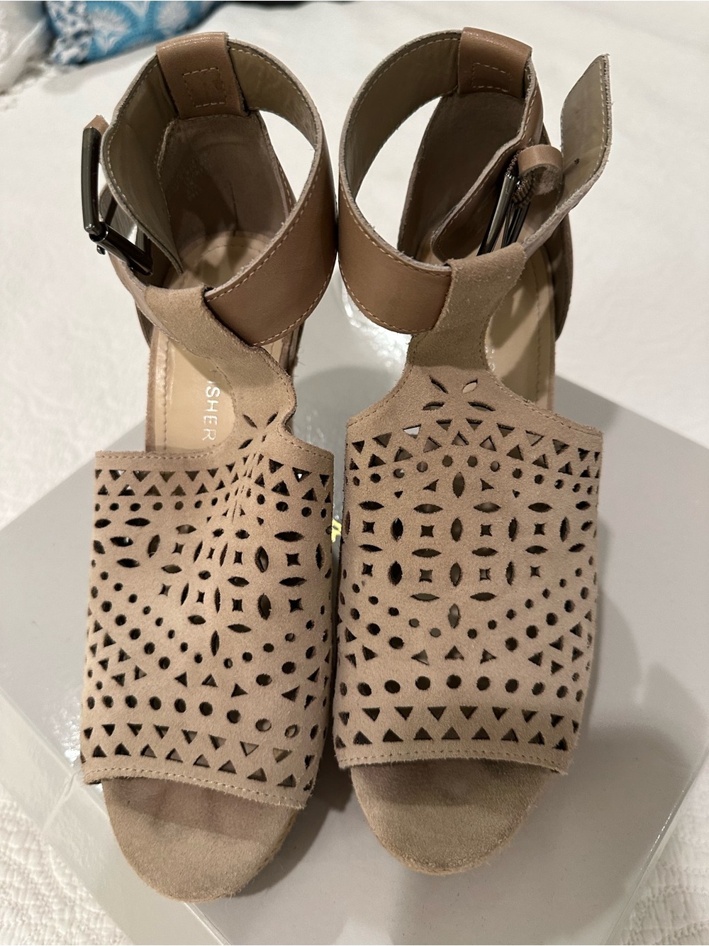 Marc Fisher Taupe Laser-Cut Suede Wedge Sandals